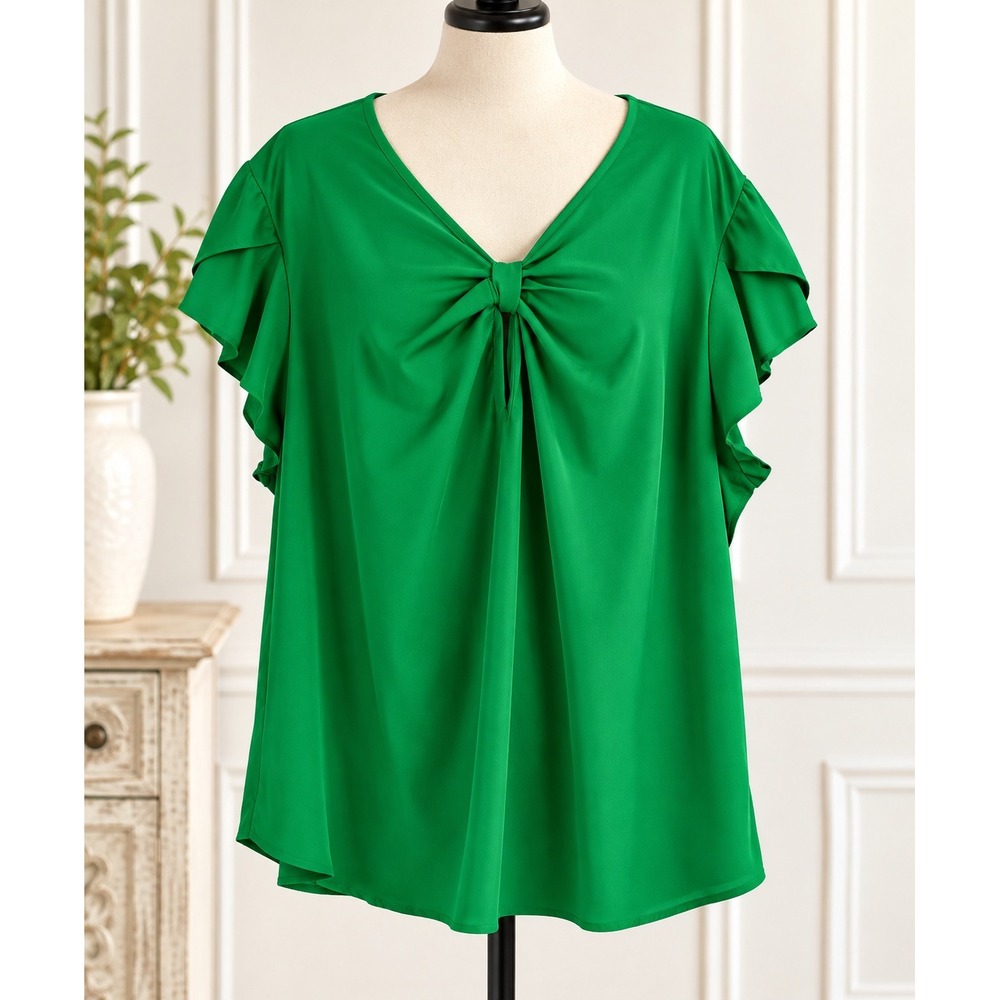 Kelly Green Flutter Sleeve VNeck Blouse, Size 3X NWOT